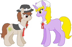 Size: 511x331 | Tagged: safe, artist:thecompleteanimorph, earth pony, pony, unicorn, duo, female, hat, mare, maribel hearn, ponified, simple background, touhou, transparent background, usami renko