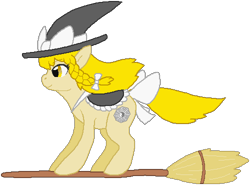 Size: 500x370 | Tagged: safe, artist:thecompleteanimorph, pony, broom, female, flying, flying broomstick, hat, kirisame marisa, mare, ponified, simple background, solo, touhou, transparent background, witch, witch hat