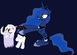 Size: 703x501 | Tagged: safe, artist:evilhaunter13, princess luna, pony, g4, base used, blue background, bunny ears, clothes, concave belly, crossover, crown, female, hoof shoes, jewelry, mare, peytral, physique difference, ponified, princess shoes, regalia, reisen udongein inaba, simple background, size difference, skirt, slender, thin, touhou