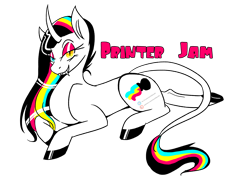 Size: 2480x1754 | Tagged: safe, artist:liechisenshi, oc, oc only, oc:printer jam, pony, unicorn, colored hooves, commission, curved horn, eyeshadow, fangs, heterochromia, hoof polish, horn, leonine tail, lidded eyes, looking at you, lying down, makeup, simple background, slit pupils, solo, tail, transparent background, ych result