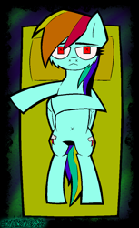 Size: 1332x2172 | Tagged: safe, artist:xxv4mp_g4z3rxx, rainbow dash, pegasus, pony, g4, bed, belly, belly button, depressed, female, lying down, mare, multicolored hair, rainbow hair, rainbow tail, red eyes, signature, solo, tail