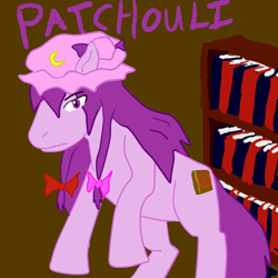Size: 750x750 | Tagged: safe, artist:sonicchica, pony, bookshelf, brown background, female, library, mare, patchouli knowledge, ponified, simple background, solo, touhou