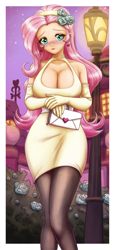 Size: 1888x4096 | Tagged: safe, artist:king-kakapo, artist:rileyav, fluttershy, human, g4, adorasexy, big breasts, blushing, breasts, busty fluttershy, cleavage, clothes, colored, commission, cute, dress, ear piercing, earring, evening gloves, female, flower, flower in hair, gloves, humanized, jewelry, long gloves, looking at you, piercing, purse, sexy, shyabetes, solo, stockings, thigh highs, wavy mouth