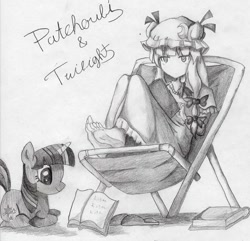 Size: 568x548 | Tagged: safe, artist:koacocoa, twilight sparkle, human, unicorn, g4, barefoot, book, bookhorse, crossover, feet, female, mare, missing shoes, monochrome, patchouli knowledge, reading, that pony sure does love books, touhou, traditional art, twichouli, unicorn twilight