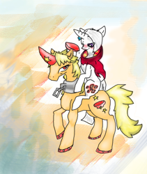Size: 668x793 | Tagged: safe, artist:realityartist, oc, pony, unicorn, blushing, concave belly, crossover, drunk, duo, female, ghirahim, hoshiguma yuugi, looking left, male, mare, ponies riding ponies, riding, stallion, the legend of zelda, touhou