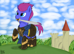 Size: 2031x1486 | Tagged: safe, artist:bigboydover, oc, oc:bristle star, earth pony, pony, armor, armored pony, capcom, cape, castle, clothes, cloud, dragon's dogma, fantasy, mountain, mouth hold, mystic knight, sword, weapon