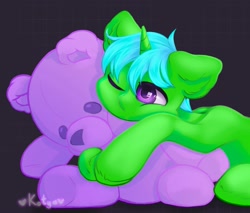 Size: 2403x2048 | Tagged: safe, artist:pony.kch, oc, oc:green byte, pony, unicorn, commission, high res, male, plushie, simple background, solo, stallion, teddy bear, ych result