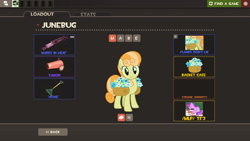 Size: 1360x768 | Tagged: safe, amethyst star, junebug, sparkler, oc, oc:filly anon, earth pony, pony, unicorn, g4, /mlp/ tf2 general, basket, female, filly, flamethrower, flower, food, hud, looking at you, mare, party cannon, rake, sandwich, smiling, smiling at you, snowpity, team fortress 2, weapon
