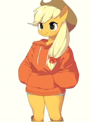 Size: 1535x2048 | Tagged: safe, artist:cheesesauce_45, applejack, earth pony, anthro, g4, clothes, cute, eyebrows, eyebrows visible through hair, female, hand in pocket, hoodie, jackabetes, mare, simple background, smiling, solo, yellow background