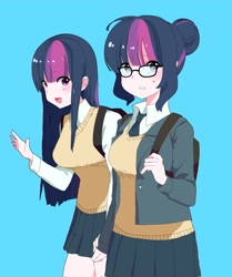 Size: 1713x2048 | Tagged: safe, artist:cheesesauce_45, sci-twi, twilight sparkle, human, g4, anime style, backpack, blue background, breasts, busty twilight sparkle, clothes, duo, female, holding hands, humanized, light skin, necktie, open mouth, open smile, school uniform, simple background, smiling, sweat, sweatdrop, sweater vest, twolight