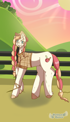 Size: 962x1680 | Tagged: safe, artist:cutiechimereon, oc, oc only, oc:caramel apple, earth pony, pony, clothes, cowboy hat, female, fence, freckles, hat, mare, offspring, parent:big macintosh, parent:fluttershy, parents:fluttermac, plaid shirt, shirt, solo, straw in mouth, sun, sunset