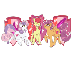 Size: 2732x2048 | Tagged: safe, artist:pastaottercakes, apple bloom, scootaloo, sweetie belle, earth pony, pegasus, pony, unicorn, g4, apple bloom's bow, bow, butt, cutie mark background, cutie mark crusaders, eyes closed, female, grin, hair bow, high res, outline, plot, simple background, smiling, the cmc's cutie marks, transparent background, trio, trio female, white outline
