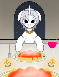 Size: 2000x2600 | Tagged: artist needed, source needed, safe, oc, oc:κασσάνδρα, alicorn, pony, alicorn oc, candle, floppy ears, food, fork, glass, high res, horn, pasta, solo, spaghetti, wine glass, wings