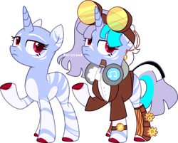 Size: 2926x2351 | Tagged: safe, artist:kurosawakuro, oc, oc only, pony, unicorn, bandage, bandaid, base used, clothes, coat, colored hooves, ear piercing, earring, female, goggles, headphones, high res, horn, jewelry, lidded eyes, mare, missing cutie mark, pale belly, piercing, raised hoof, red eyes, simple background, solo, standing, transparent background, unicorn oc, watch, zebra stripes