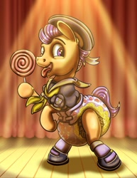 Size: 786x1017 | Tagged: safe, artist:amalgamzaku, tender taps, earth pony, pony, g4, bipedal, candy, clothes, colt, curtains, diaper, diaper fetish, fetish, foal, food, happy, light, lollipop, male, non-baby in diaper, poofy diaper, sailor uniform, smiling, solo, stage, tongue out, uniform