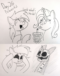Size: 3528x4477 | Tagged: safe, artist:spoopygirl, derpy hooves, trixie, pegasus, pony, unicorn, g4, bone, drinking, duo, duo female, female, lineart, pencil shading, skeleton, text, traditional art