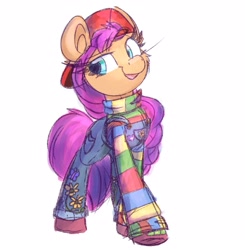 Size: 2421x2475 | Tagged: safe, artist:lbrcloud, sunny starscout, earth pony, pony, g5, backwards ballcap, baseball cap, cap, clothes, hat, overalls, simple background, solo, white background