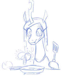 Size: 408x495 | Tagged: safe, artist:jargon scott, queen chrysalis, changeling, changeling queen, g4, bluescale, egg (food), food, frying pan, hoof hold, levitation, magic, monochrome, simple background, sketch, spatula, telekinesis, white background