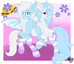 Size: 2194x1893 | Tagged: safe, artist:gnashie, oc, oc only, oc:winter belle, oc:winter breeze, bat pony, pony, unicorn, abstract background, bat pony oc, belly button, bipedal, chest fluff, clothes, ear fluff, ear piercing, earring, grin, horn, jewelry, looking at you, one eye closed, piercing, smiling, socks, striped socks, unicorn oc, wings, wink