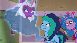 Size: 1280x720 | Tagged: safe, screencap, izzy moonbow, misty brightdawn, opaline arcana, alicorn, earth pony, pony, unicorn, g5, my little pony: tell your tale, secret ad-mare-er, spoiler:g5, spoiler:my little pony: tell your tale, spoiler:tyts01e44, absurd file size, absurd gif size, amulet, animated, eyeroll, female, freckles, gif, heart, hologram, jewelry, lei, magic, mare, medallion, necklace, not paying attention, opabitch, open mouth, open smile, smiling, trio, trio female, wavy mouth, wreath