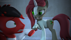 Size: 3840x2160 | Tagged: safe, artist:fireemerald123, oc, oc only, oc:holly berry, oc:page feather, pegasus, pony, unicorn, 3d, doctor, duo, glowing, glowing eyes, high res, sharp teeth, source filmmaker, teeth, watermark