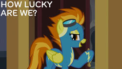 Size: 1920x1080 | Tagged: safe, edit, edited screencap, editor:quoterific, screencap, spitfire, pegasus, pony, g4, rarity investigates, clothes, solo, text, uniform, wonderbolts uniform