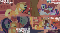 Size: 2000x1125 | Tagged: safe, edit, edited screencap, editor:quoterific, screencap, applejack, rarity, twilight sparkle, earth pony, pony, unicorn, g4, look before you sleep, angry, applejack is not amused, applejack's hat, baffled, cowboy hat, eyes closed, female, freckles, golden oaks library, gritted teeth, hat, mare, mud mask, open mouth, raised hoof, smiling, teeth, text, trio, trio female, unamused, unicorn twilight