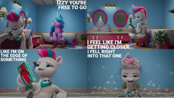 Size: 4400x2475 | Tagged: safe, edit, edited screencap, editor:quoterific, screencap, izzy moonbow, zipp storm, pegasus, pony, unicorn, g5, hoof done it?, my little pony: make your mark, my little pony: make your mark chapter 2, spoiler:my little pony: make your mark, spoiler:my little pony: make your mark chapter 2, spoiler:mymc02e07, bathroom, crystal brighthouse, duo, female, hoof heart, indoors, mare, text, underhoof, unshorn fetlocks