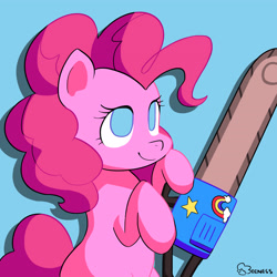 Size: 4050x4050 | Tagged: safe, artist:beeness_, pinkie pie, earth pony, pony, blue background, chainsaw, cutie mark, hoof hold, shadow, signature, simple background, solo, xk-class end-of-the-world scenario