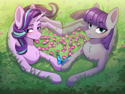 Size: 2150x1623 | Tagged: safe, artist:glumarkoj, maud pie, starlight glimmer, butterfly, earth pony, pony, unicorn, g4, blushing, commission, cute, duo, duo female, eyeshadow, female, flower, grass, grass field, heart, holding hooves, hoofsies, hooves together, lesbian, lidded eyes, lying down, makeup, outdoors, shipping, shy, smiling, starmaud, when she smiles