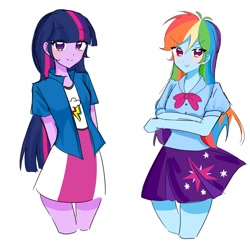 Size: 840x812 | Tagged: safe, artist:rainn__1026, rainbow dash, twilight sparkle, human, equestria girls, g4, clothes, clothes swap, duo, duo female, female, lesbian, ship:twidash, shipping, simple background, skirt, white background