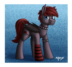 Size: 4291x4000 | Tagged: safe, artist:supermoix, oc, oc:hunter blood moon, bat pony, pony, choker, clothes, crossdressing, cute, emo, fishnet stockings, looking at you, simple background, socks, solo, spiked choker, standing, stockings, striped socks, thigh highs