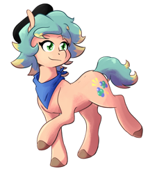 Size: 1272x1407 | Tagged: safe, artist:whatsapokemon, oc, oc only, oc:neutron flux, pony, beret, female, hat, neckerchief, simple background, solo, white background