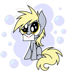 Size: 975x1057 | Tagged: safe, artist:cuttycommando, derpy hooves, pegasus, pony, g4, bubble, cute, derpabetes, female, filly, filly derpy, letter, mouth hold, simple background, solo, transparent background, younger