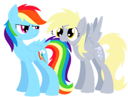 Size: 1042x787 | Tagged: safe, artist:cuttycommando, derpy hooves, rainbow dash, pegasus, pony, g4, drool, duo, duo female, female, hooves, lineless, mare, nom, simple background, spread wings, tail bite, tail pull, taste the rainbow, transparent background, wings