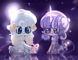 Size: 2078x1620 | Tagged: safe, artist:corpse, oc, oc only, oc:arlene mona, oc:delia ino, deer, earth pony, pony, reindeer, sheep, unicorn, birthday, duo, forest, horn, lake, moonlight, present, smiling, spirit, unicorn oc, water