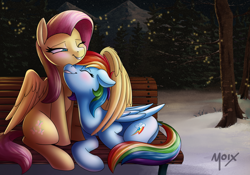 Size: 5000x3500 | Tagged: safe, artist:supermoix, fluttershy, rainbow dash, firefly (insect), insect, pegasus, pony, g4, absurd file size, absurd resolution, backwards cutie mark, bench, commission, cuddling, cute, dashabetes, duo, duo female, female, forest, hug, jiggle, lesbian, mountain, night, park, scenery, ship:flutterdash, shipping, shyabetes, snow, winghug, wings