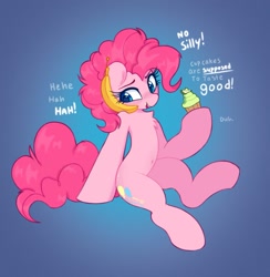 Size: 1441x1479 | Tagged: safe, artist:flixanoa, pinkie pie, earth pony, pony, g4, banana, bananaphone, belly, belly button, chest fluff, cupcake, dialogue, female, food, herbivore, mare, sitting, solo, talking