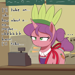 Size: 850x850 | Tagged: safe, artist:thebatfang, carrot bun, pony, unicorn, g4, ..., annoyed, carrot, cash register, cashier, clothes, dialogue, female, food, hair bun, male, mare, patrick star, reference, solo, spongebob squarepants, tired, uniform, working