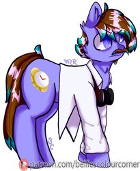 Size: 1449x1767 | Tagged: safe, artist:trr_bc, oc, oc only, oc:time watcher, earth pony, pony, blue eyes, brown hair, clothes, earth pony oc, facial hair, goggles, lab coat, male, moustache, simple background, solo, stallion, transparent background