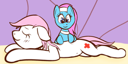 Size: 1782x892 | Tagged: safe, anonymous artist, lotus blossom, nurse redheart, earth pony, pony, g4, belly, belly button, blushing, drawthread, duo, duo female, eyes closed, female, lying down, mare, massage, prone, smiling