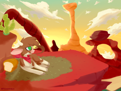Size: 4000x3000 | Tagged: safe, artist:fromariels, arizona (tfh), cow, them's fightin' herds, bandana, bread, cactus, cloud, cloven hooves, community related, desert, drawthread, female, food, horn, lineless, lying down, meme, on side, ponified animal photo, scenery, solo