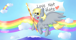 Size: 1024x537 | Tagged: safe, artist:midnightauroraarts, derpy hooves, pegasus, pony, g4, 2020, cloud, female, flag, heart, mare, mountain, old art, rainbow, sky