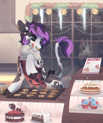 Size: 2852x3400 | Tagged: safe, artist:trickate, oc, oc only, oc:jericho, oc:trickate, bull, pony, unicorn, bakery, baking, bovine, bull horns, cake, christmas, christmas lights, cookie, cupcake, female, food, high res, holiday, horn, horns, icing bag, leg hold, male, non-pony oc, stove, tongue out, underhoof, unicorn oc