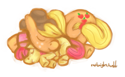 Size: 511x314 | Tagged: safe, artist:zombimonster, apple bloom, applejack, earth pony, pony, g4, apple bloom's bow, apple sisters, applejack's hat, bow, cowboy hat, duo, duo female, female, filly, foal, hair bow, hat, mare, siblings, simple background, sisters, sleeping, white background