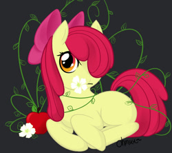 Size: 612x543 | Tagged: safe, artist:ohmuu, apple bloom, earth pony, pony, g4, female, filly, flower, foal, lying down, simple background, solo