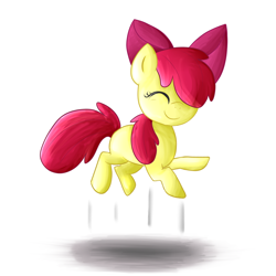 Size: 1024x1024 | Tagged: safe, artist:firepainter65, apple bloom, earth pony, pony, g4, adorabloom, apple bloom's bow, bow, cute, eyes closed, female, filly, foal, hair bow, happy, jumping, simple background, smiling, solo, white background