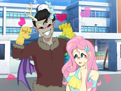 Size: 1024x768 | Tagged: safe, artist:delfinaluther, discord, fluttershy, human, equestria girls, g4, anime, blushing, cute, duo, equestria girls-ified, eyes closed, female, floating heart, grin, heart, horn, horned humanization, love, male, mismatched wings, ship:discoshy, shipping, smiling, straight, winged humanization, wings