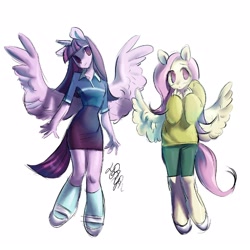 Size: 1600x1600 | Tagged: safe, artist:kesakesova, fluttershy, twilight sparkle, alicorn, pegasus, anthro, unguligrade anthro, g4, duo, female, simple background, spread wings, twilight sparkle (alicorn), white background, wings