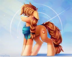 Size: 2500x2000 | Tagged: safe, artist:adagiostring, oc, oc only, oc:morning latte, pony, unicorn, blaze (coat marking), clothes, coat markings, commission, cute, detailed, facial markings, female, high res, horn, looking up, orange, scarf, simple background, socks (coat markings), solo, standing, sunshine, unicorn oc
